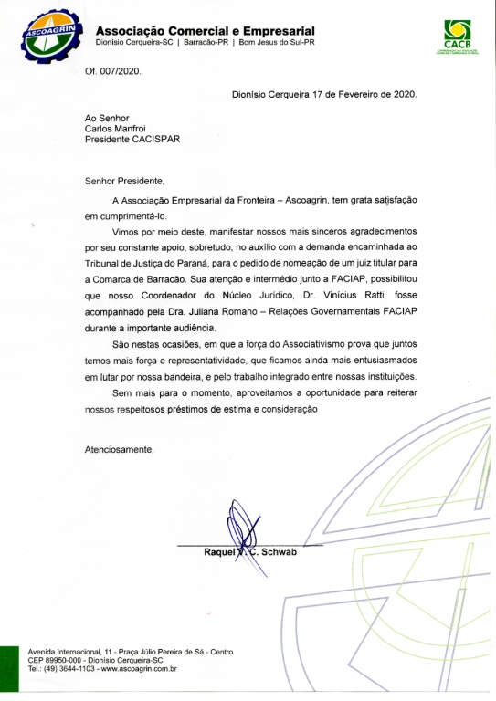 ASCOAGRIN faz agradecimento publico á CACISPAR e FACIAP