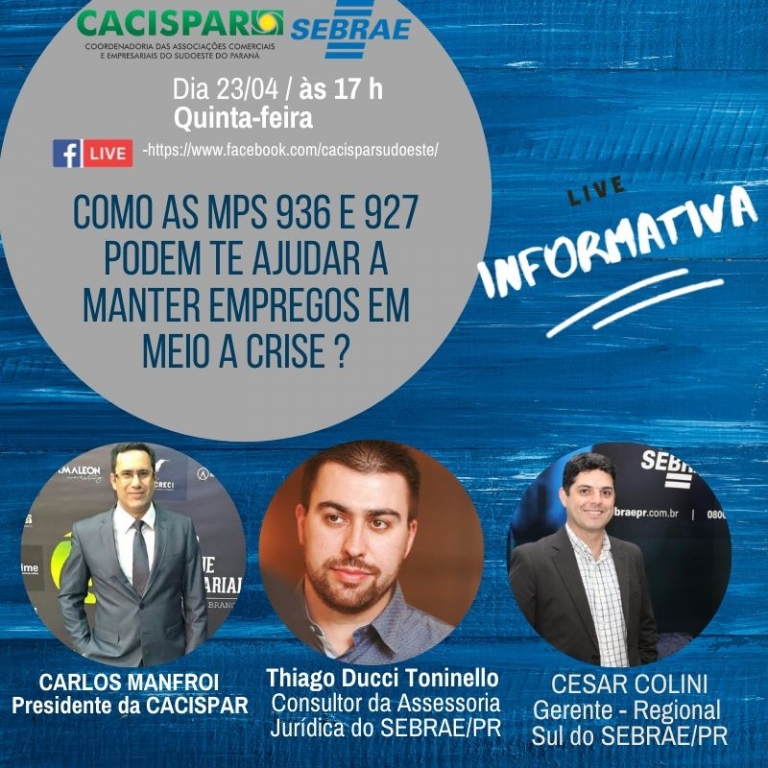 Sebrae/PR e Cacispar promovem live sobre MP 936 nesta quinta-feira, 23 de abril